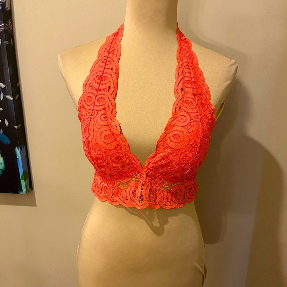 PINK VS Lace Halter Bralette in Vibrant Orange, size Small